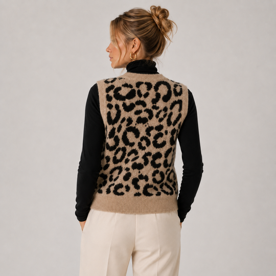 Strickweste Damen Leoparden Muster Knopfleiste Pullunder