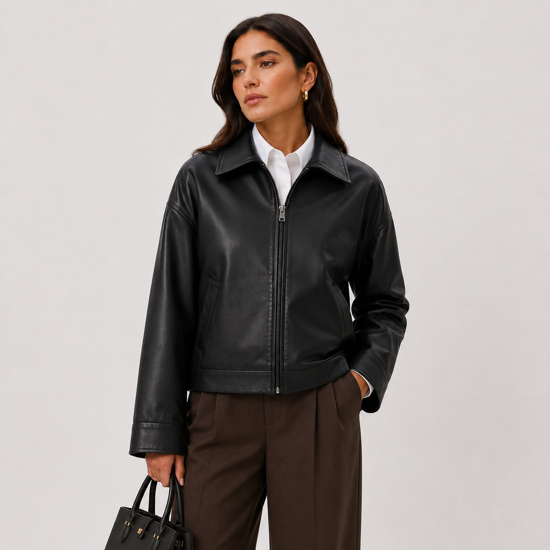 Lederjacke Damen Kunstleder Locker Klassischer Kragen