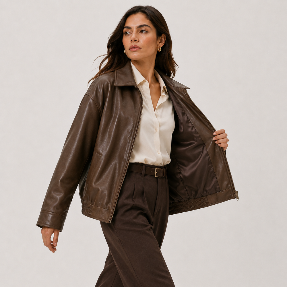 Lederjacke Damen Kunstleder Locker Klassischer Kragen