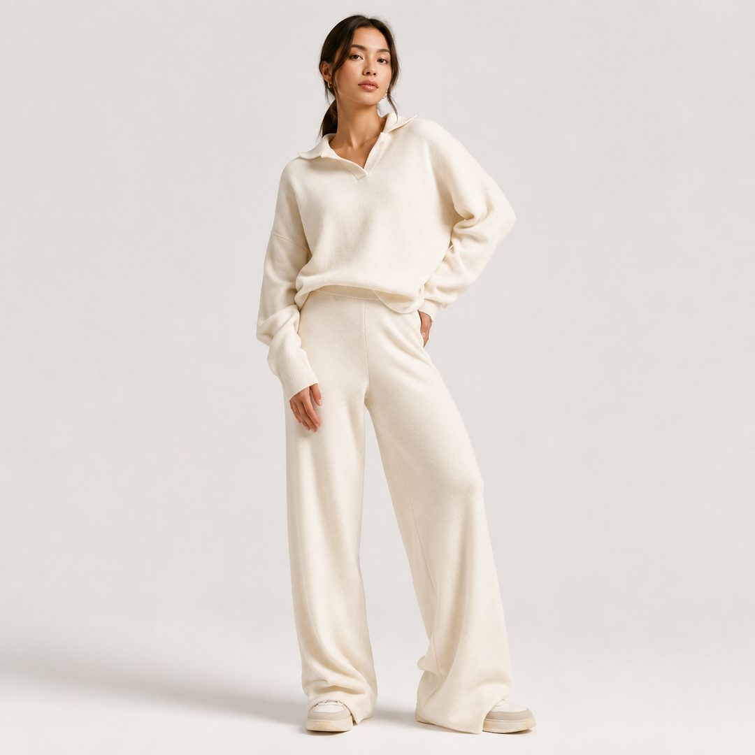 Zweiteiler Damen Polokragen Pullover Weite Hose Klassisch