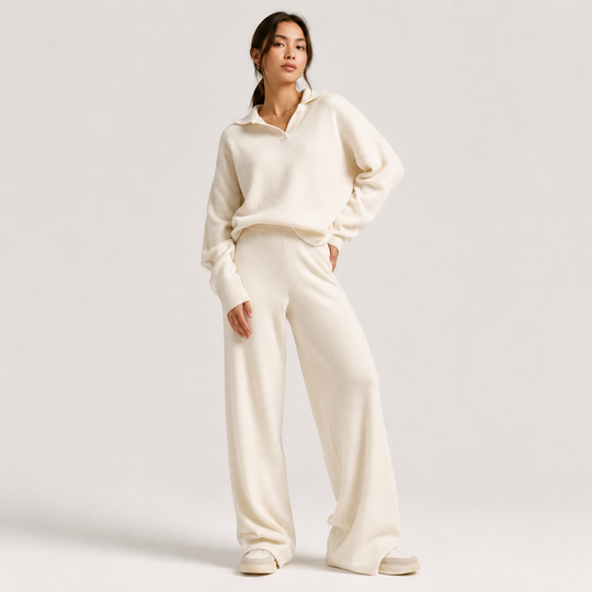 Zweiteiler Damen Polokragen Pullover Weite Hose Klassisch