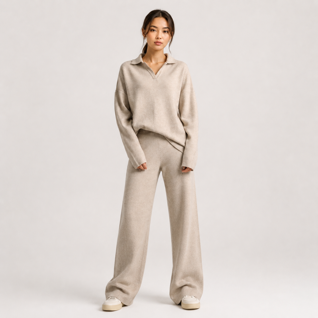 Zweiteiler Damen Polokragen Pullover Weite Hose Klassisch