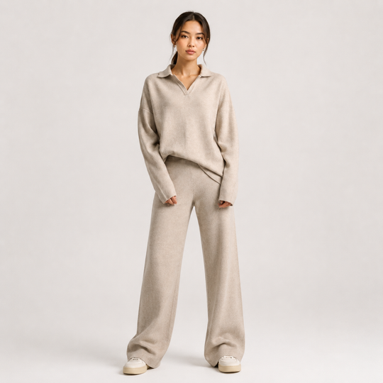 Zweiteiler Damen Polokragen Pullover Weite Hose Klassisch