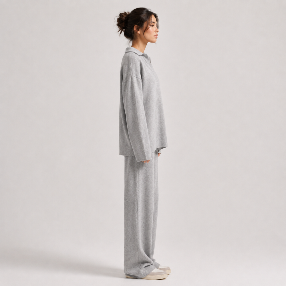 Zweiteiler Damen Polokragen Pullover Weite Hose Klassisch