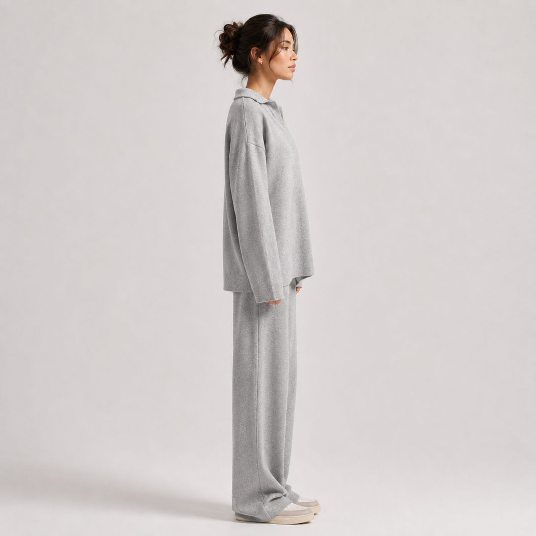 Zweiteiler Damen Polokragen Pullover Weite Hose Klassisch