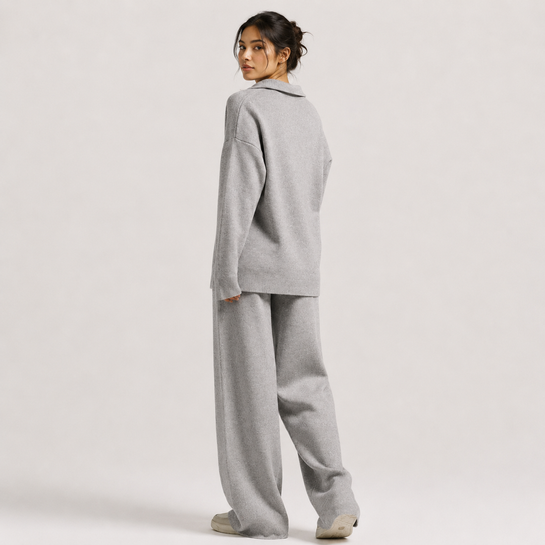 Zweiteiler Damen Polokragen Pullover Weite Hose Klassisch