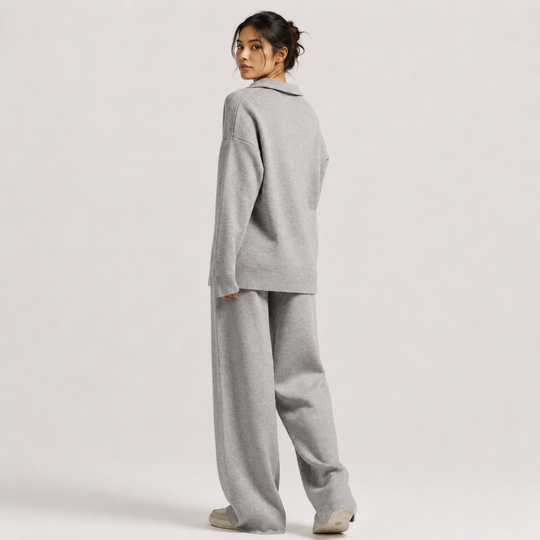Zweiteiler Damen Polokragen Pullover Weite Hose Klassisch