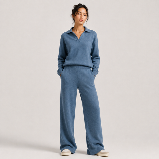 Zweiteiler Damen Polokragen Pullover Weite Hose Klassisch