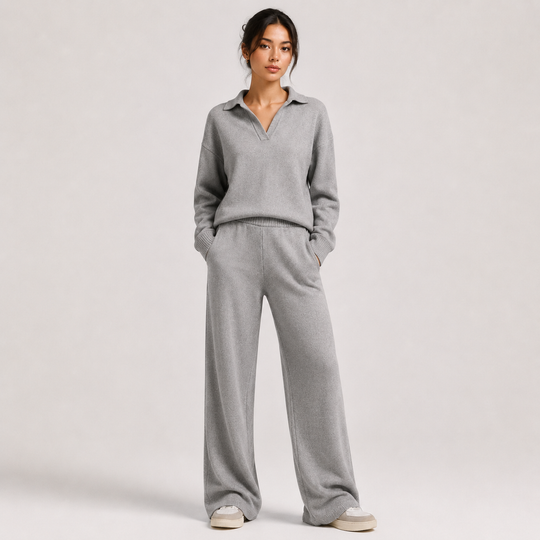 Zweiteiler Damen Polokragen Pullover Weite Hose Klassisch