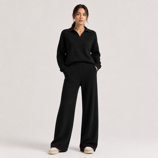 Zweiteiler Damen Polokragen Pullover Weite Hose Klassisch