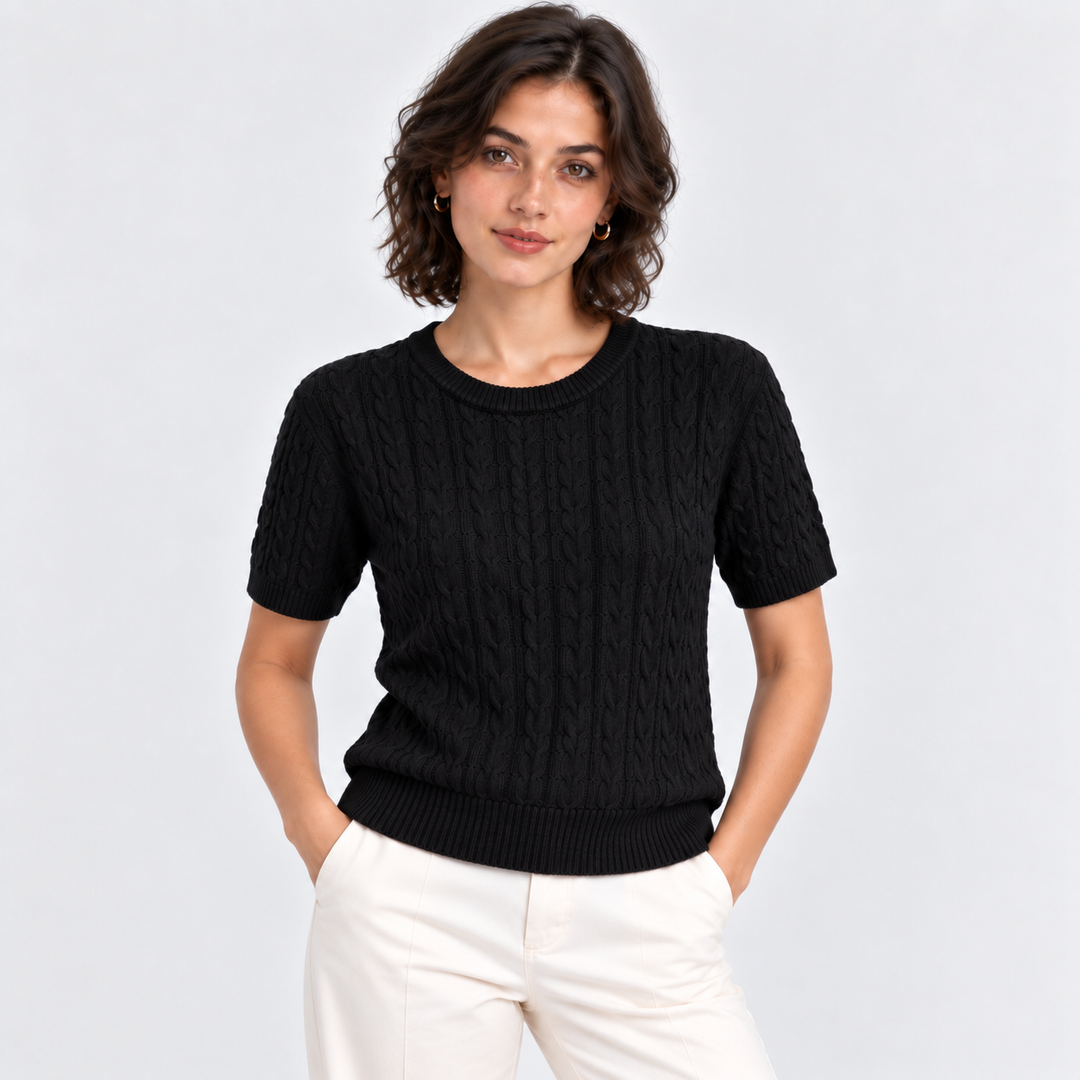 Zopfmuster Pullover Damen Kurzarm Rundhals Strick