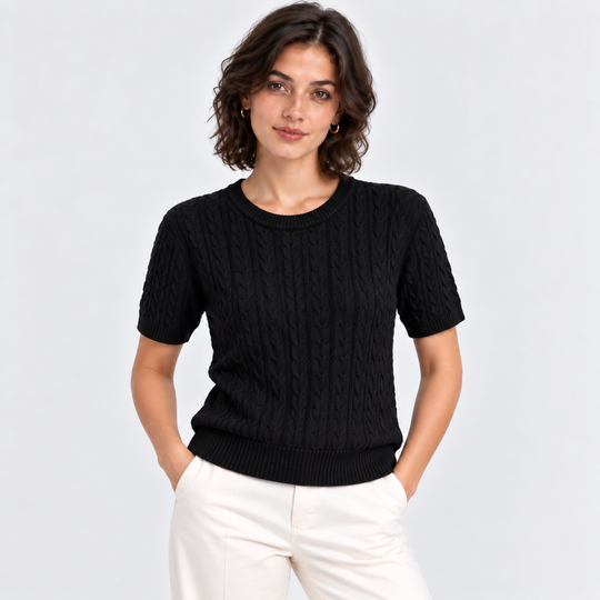 Zopfmuster Pullover Damen Kurzarm Rundhals Strick