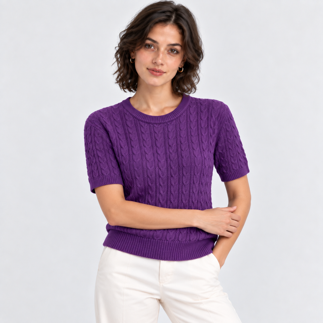 Zopfmuster Pullover Damen Kurzarm Rundhals Strick