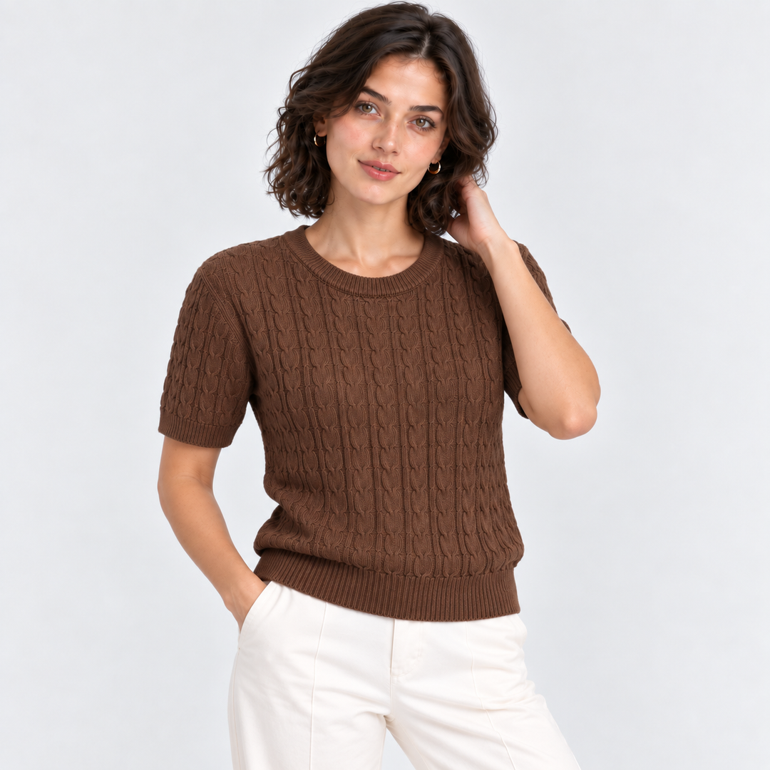 Zopfmuster Pullover Damen Kurzarm Rundhals Strick