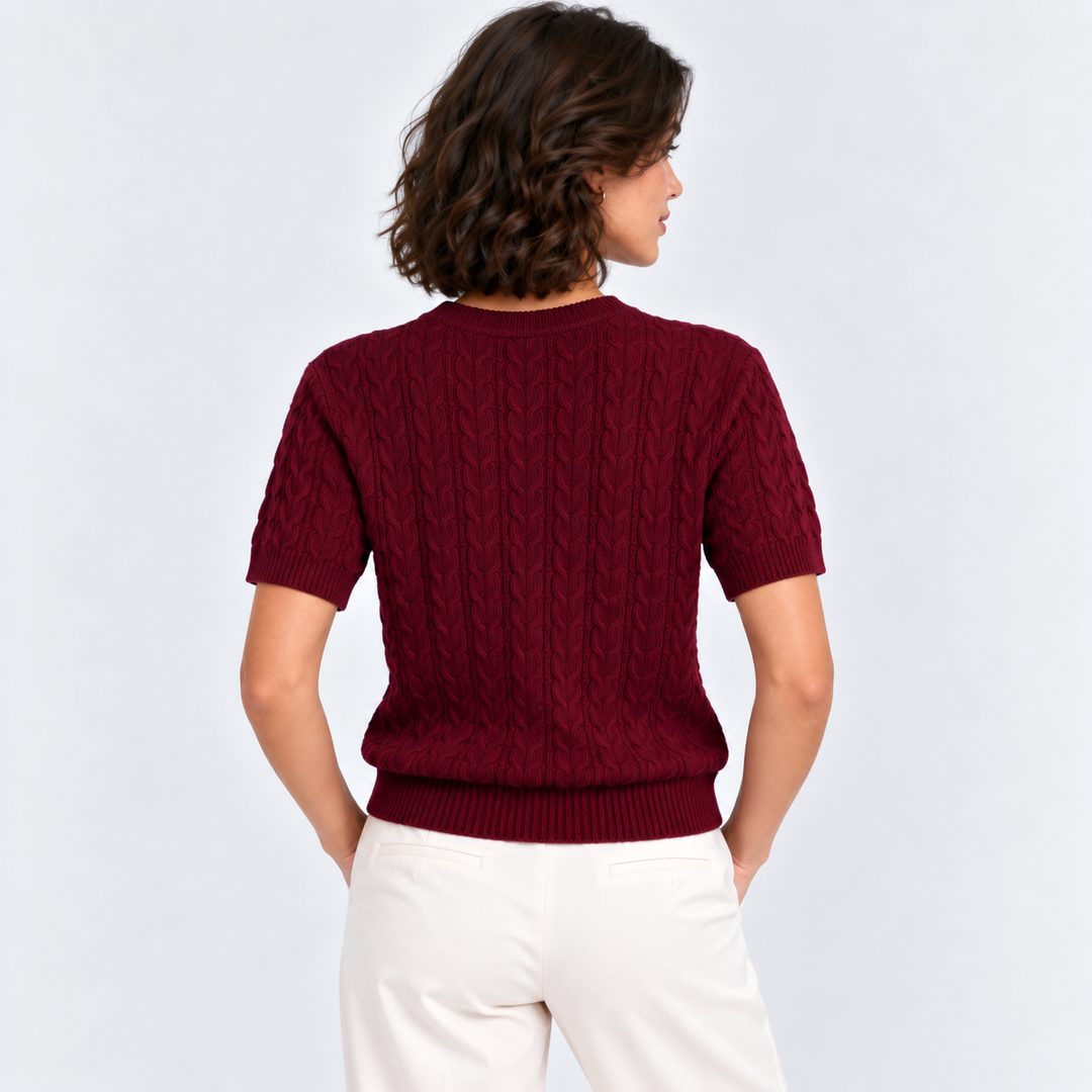 Zopfmuster Pullover Damen Kurzarm Rundhals Strick