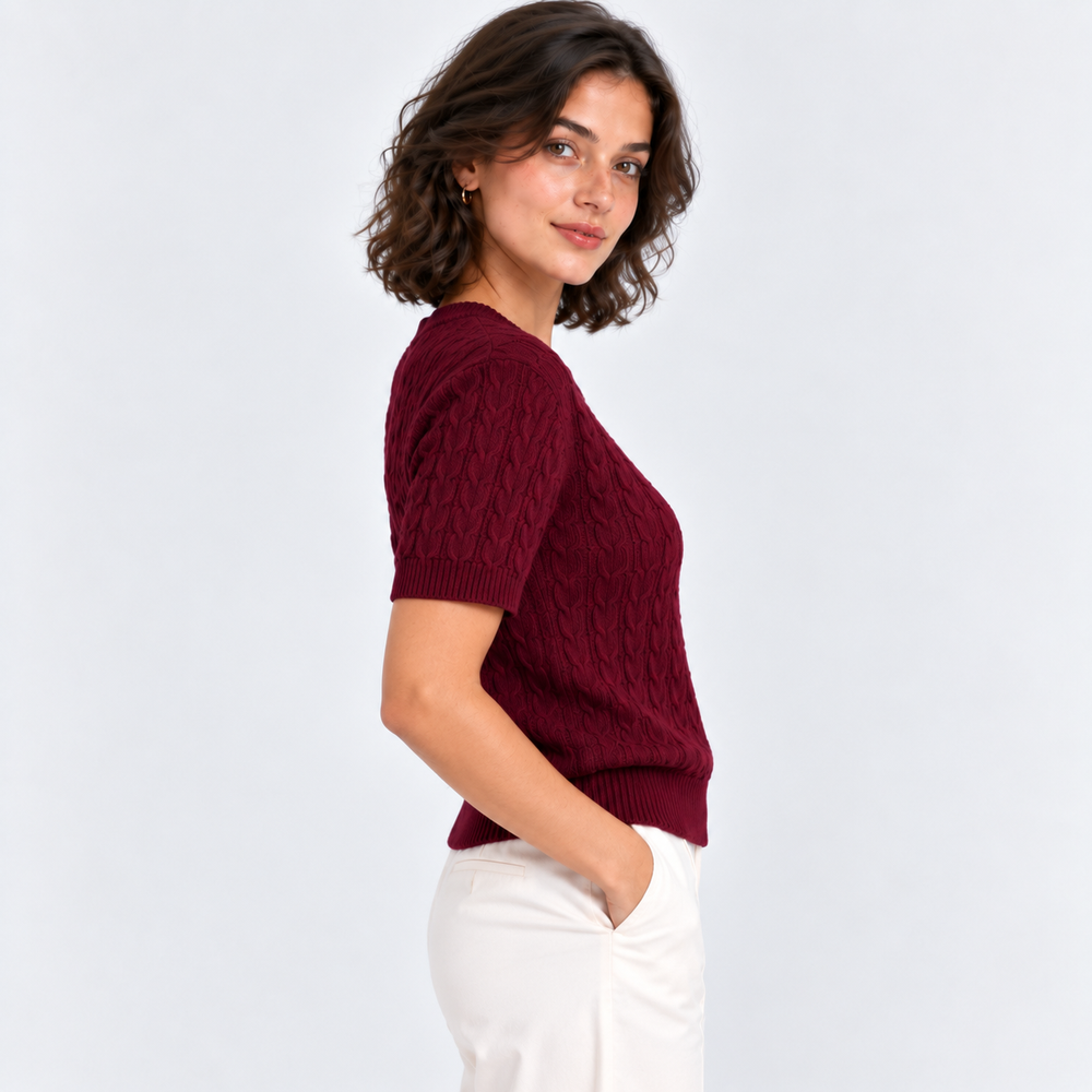 Zopfmuster Pullover Damen Kurzarm Rundhals Strick