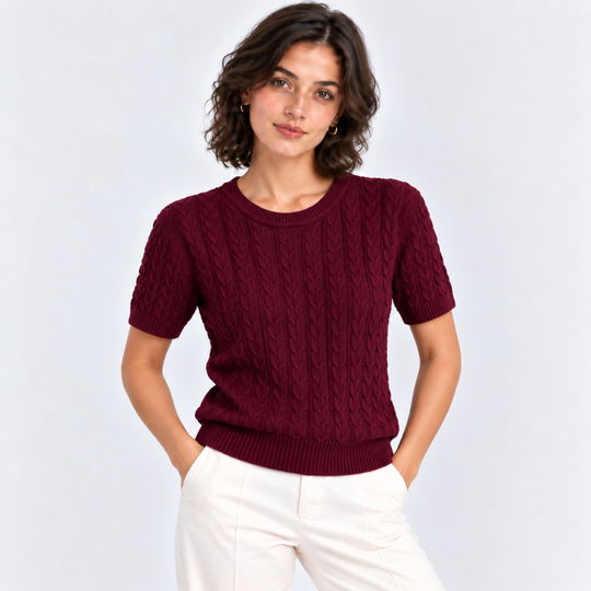Zopfmuster Pullover Damen Kurzarm Rundhals Strick