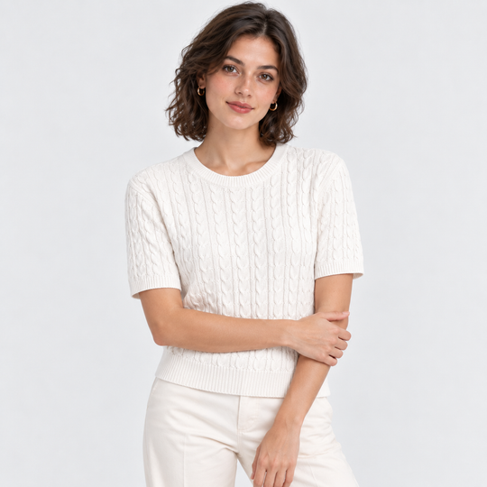 Zopfmuster Pullover Damen Kurzarm Rundhals Strick