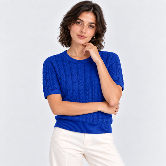 Zopfmuster Pullover Damen Kurzarm Rundhals Strick