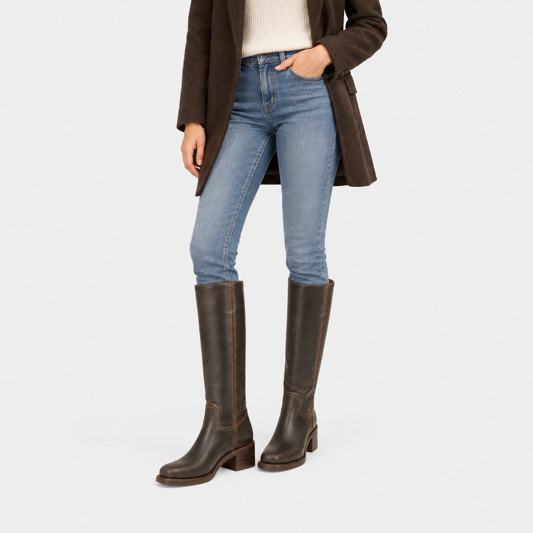 Stiefel Damen Kniehoch Blockabsatz Klassisch Langschaft