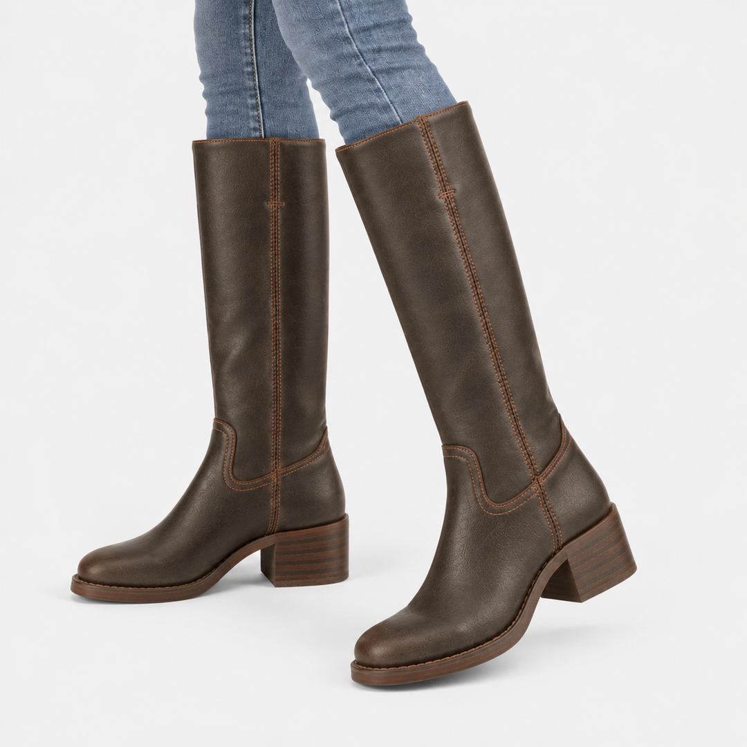 Stiefel Damen Kniehoch Blockabsatz Klassisch Langschaft