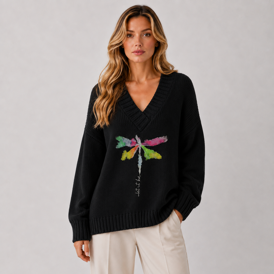 Pullover Damen V-Ausschnitt Libellen Motiv Langarm