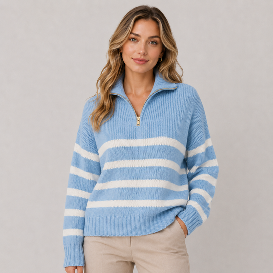 Troyer Pullover Damen Gestreift Halber Reißverschluss
