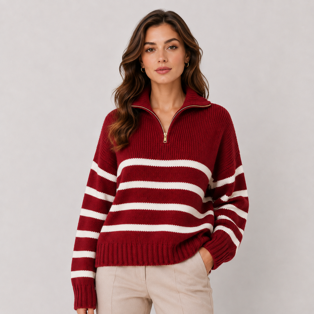 Troyer Pullover Damen Gestreift Halber Reißverschluss