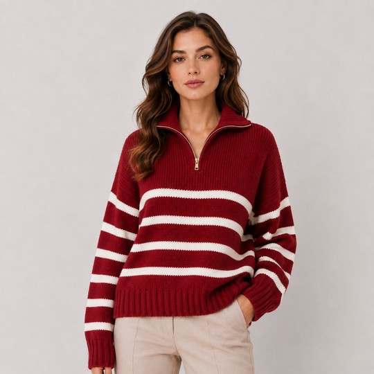 Troyer Pullover Damen Gestreift Halber Reißverschluss