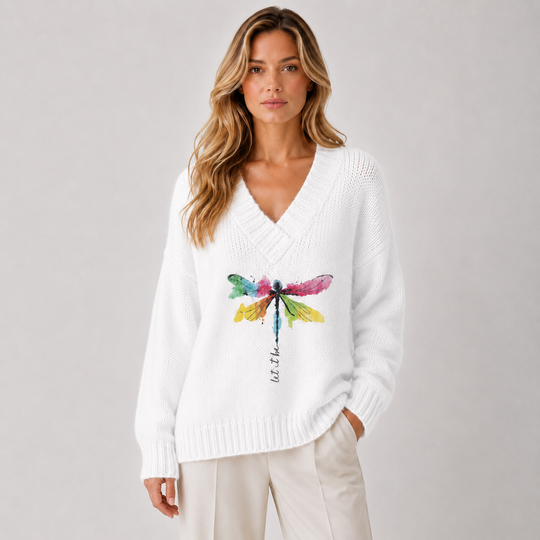 Pullover Damen V-Ausschnitt Libellen Motiv Langarm