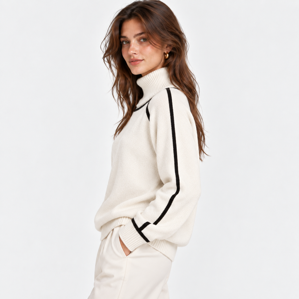 Rollkragenpullover Damen Kontrast Rand Strick Warm