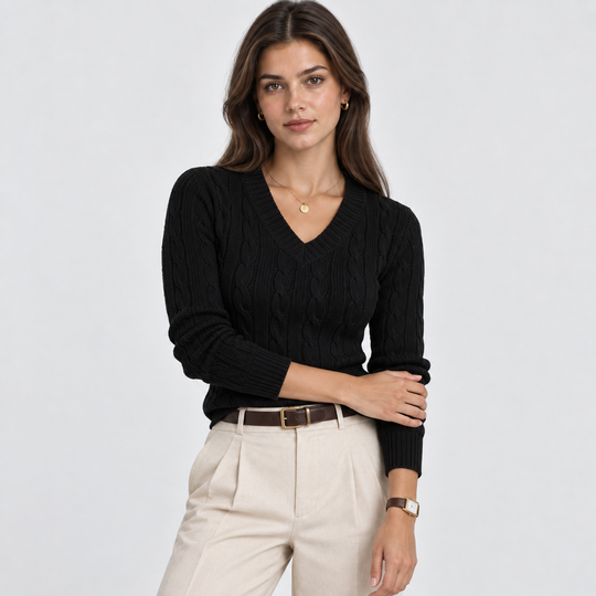 Zopfmuster Pullover Damen V-Ausschnitt Strick Warm