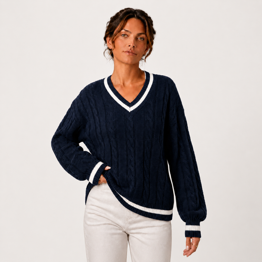 Zopfmuster Pullover Damen V-Ausschnitt Langarm Strick