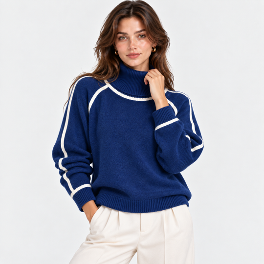 Rollkragenpullover Damen Kontrast Rand Strick Warm