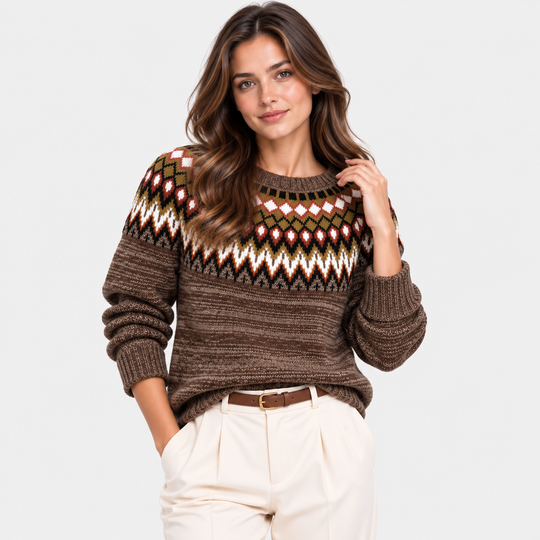 Norwegerpullover Damen Fair Isle Rundhals Strick