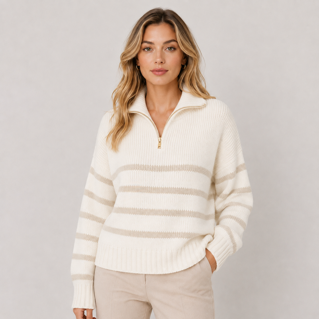 Troyer Pullover Damen Gestreift Halber Reißverschluss