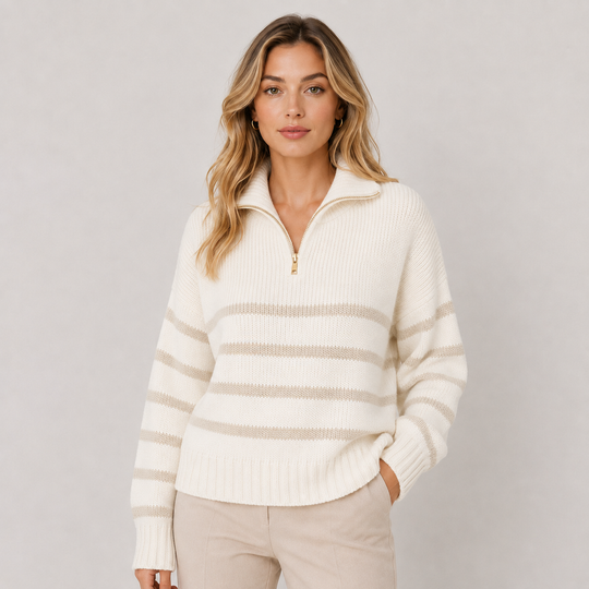 Troyer Pullover Damen Gestreift Halber Reißverschluss
