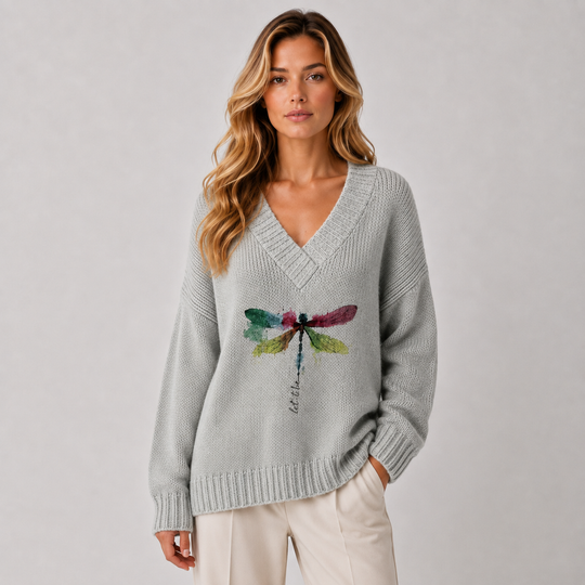 Pullover Damen V-Ausschnitt Libellen Motiv Langarm