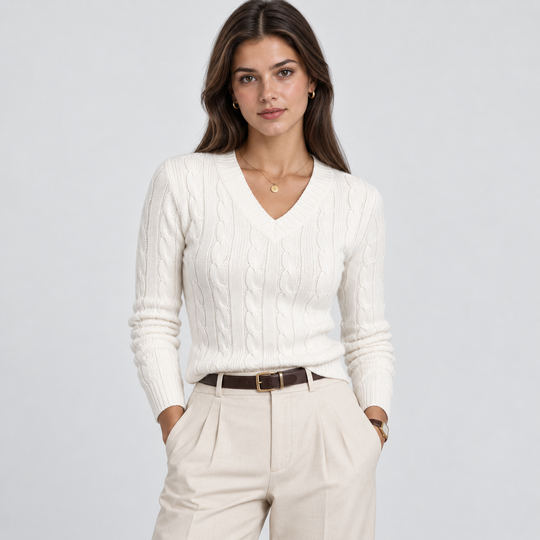 Zopfmuster Pullover Damen V-Ausschnitt Strick Warm