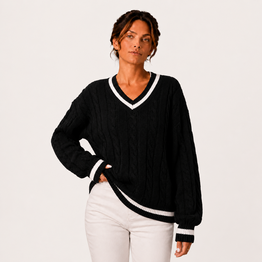Zopfmuster Pullover Damen V-Ausschnitt Langarm Strick