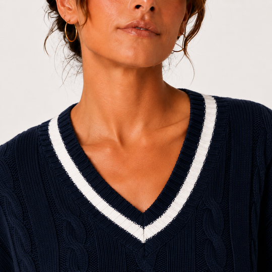 Zopfmuster Pullover Damen V-Ausschnitt Langarm Strick