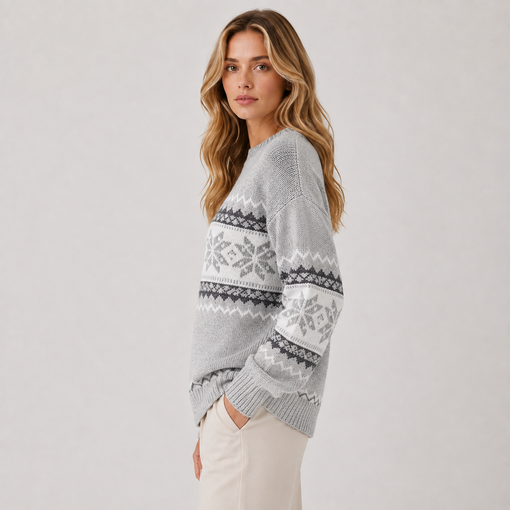 Norwegerpullover Damen Schneeflocken Stehkragen Winter