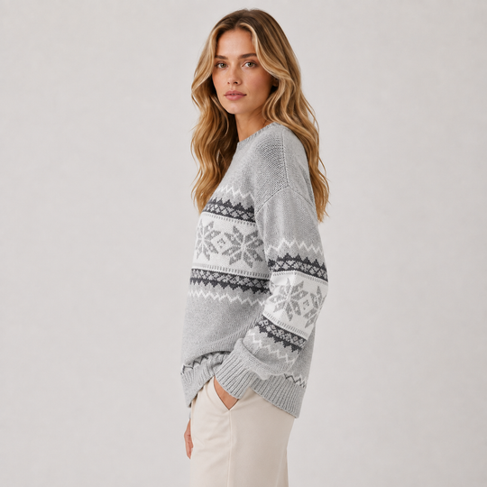 Norwegerpullover Damen Schneeflocken Stehkragen Winter