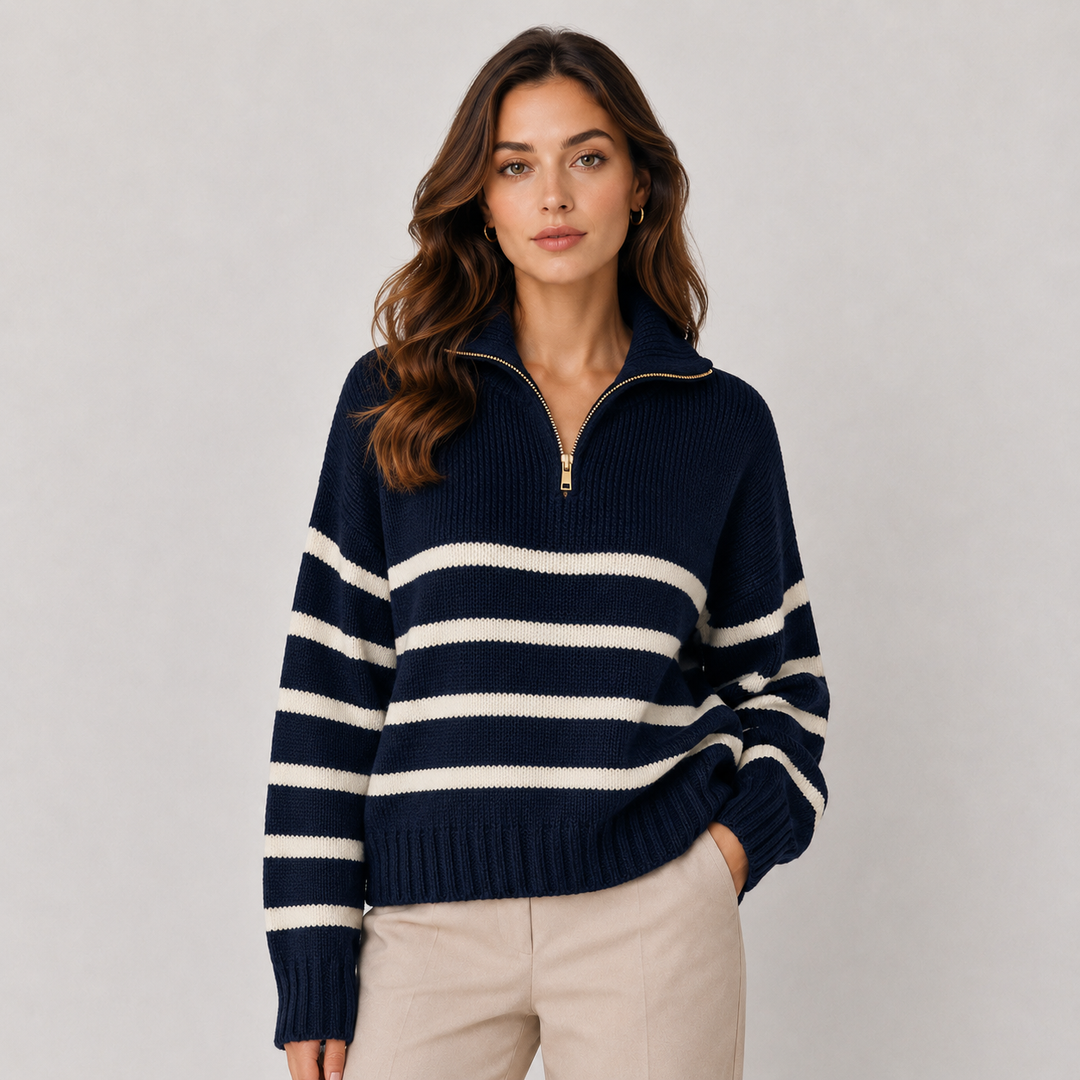 Troyer Pullover Damen Gestreift Halber Reißverschluss