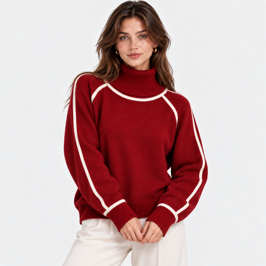 Rollkragenpullover Damen Kontrast Rand Strick Warm