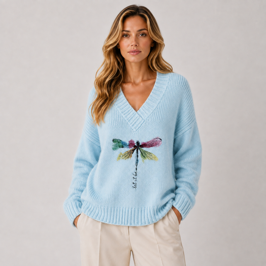 Pullover Damen V-Ausschnitt Libellen Motiv Langarm