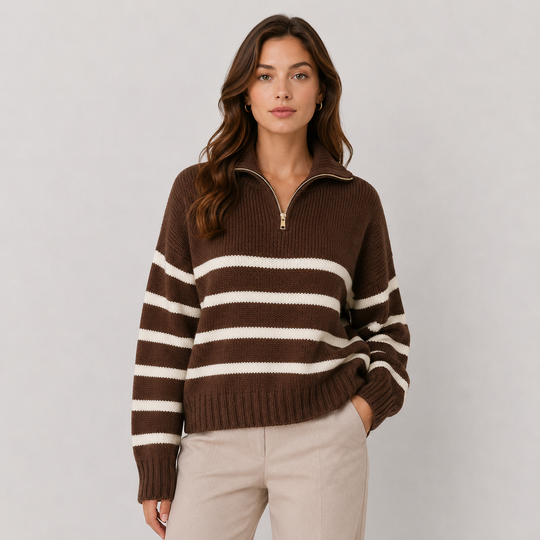 Troyer Pullover Damen Gestreift Halber Reißverschluss