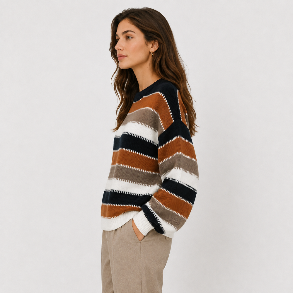 Pullover Damen Gestreift Rundhals Strick Casual
