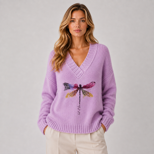 Pullover Damen V-Ausschnitt Libellen Motiv Langarm