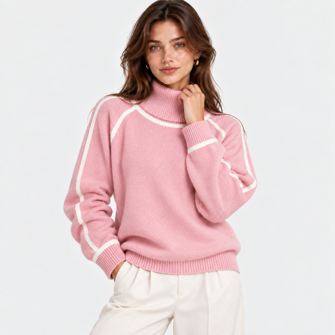 Rollkragenpullover Damen Kontrast Rand Strick Warm